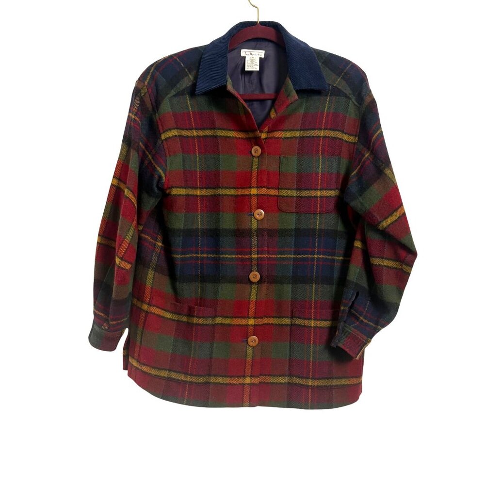 Talbots Womens Sm Plaid Wool Jacket‎ Red Lined Blue Corduroy Collar Chore Rustic